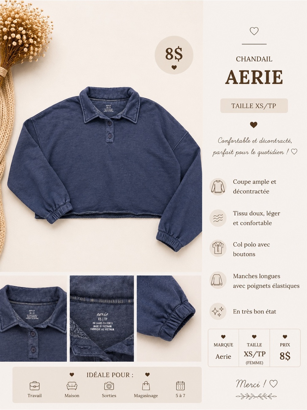 aerie Navy Cropped Polo Sweatshirt
